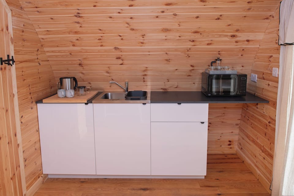 Fridge, electric kettle, cookware/dishes/utensils