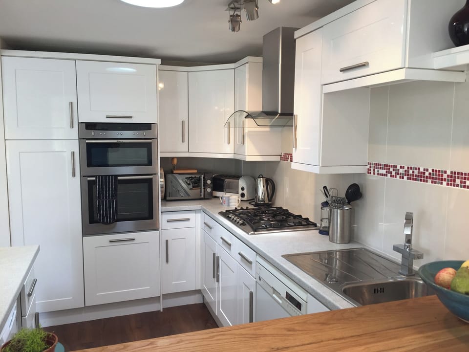 Fridge, dishwasher, cookware/dishes/utensils