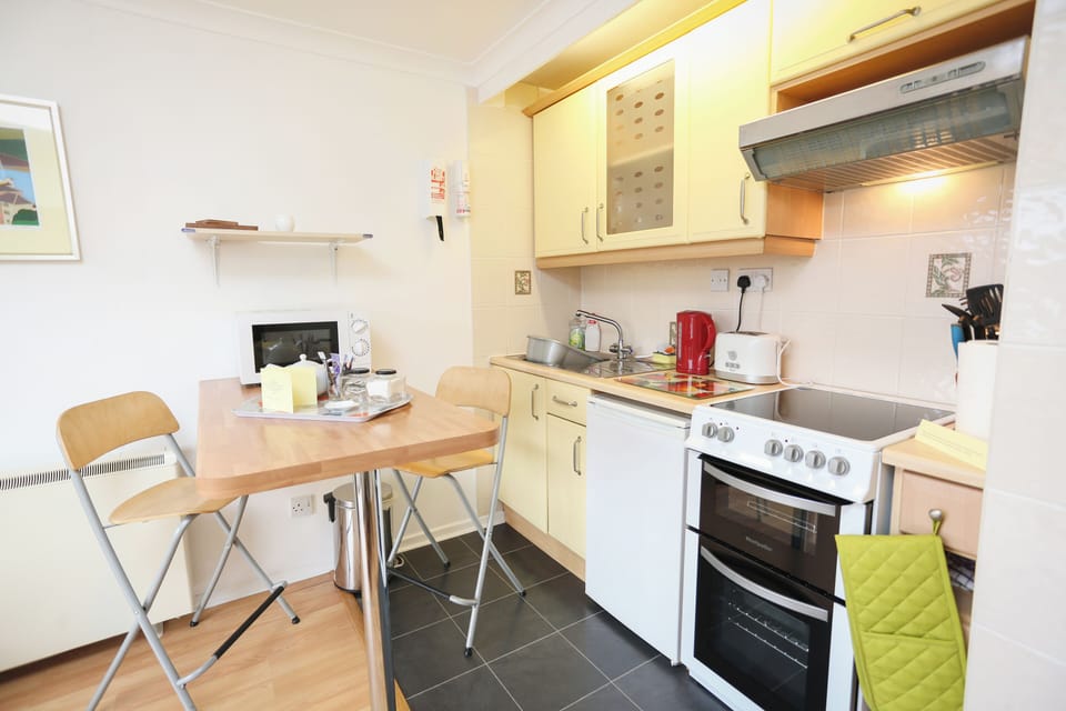 Fridge, electric kettle, toaster, cookware/dishes/utensils
