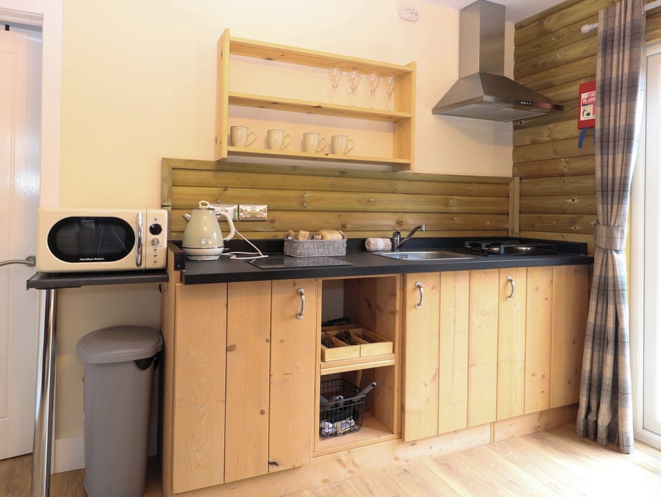 Fridge, electric kettle, cookware/dishes/utensils