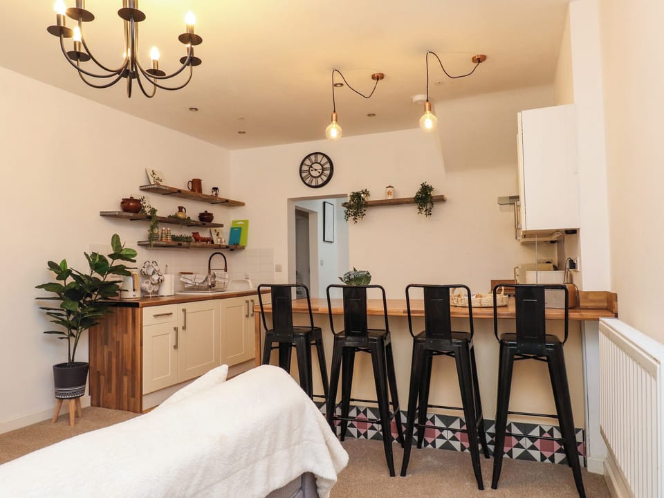 Fridge, electric kettle, toaster, cookware/dishes/utensils