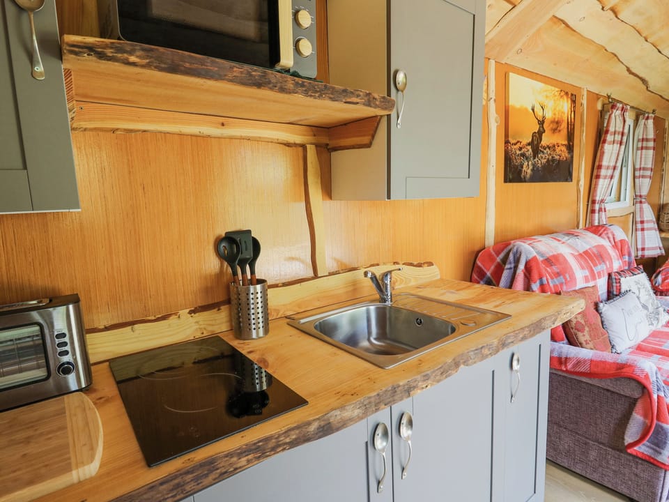 Fridge, electric kettle, toaster, cookware/dishes/utensils