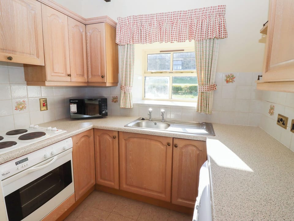 Fridge, microwave, toaster, cookware/dishes/utensils