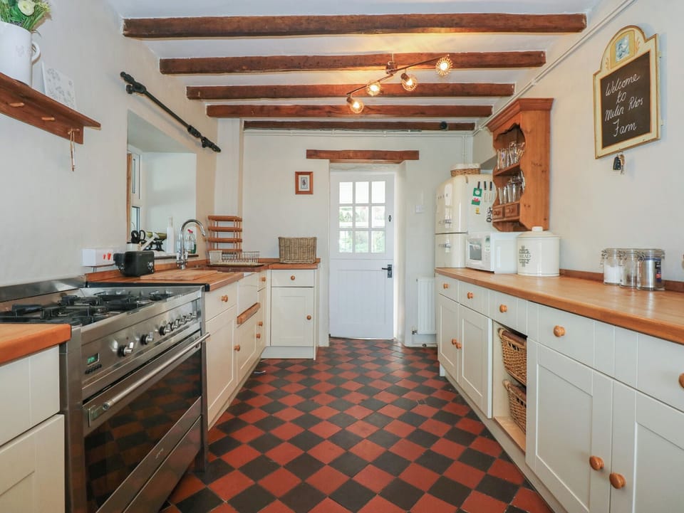 Fridge, microwave, dishwasher, cookware/dishes/utensils