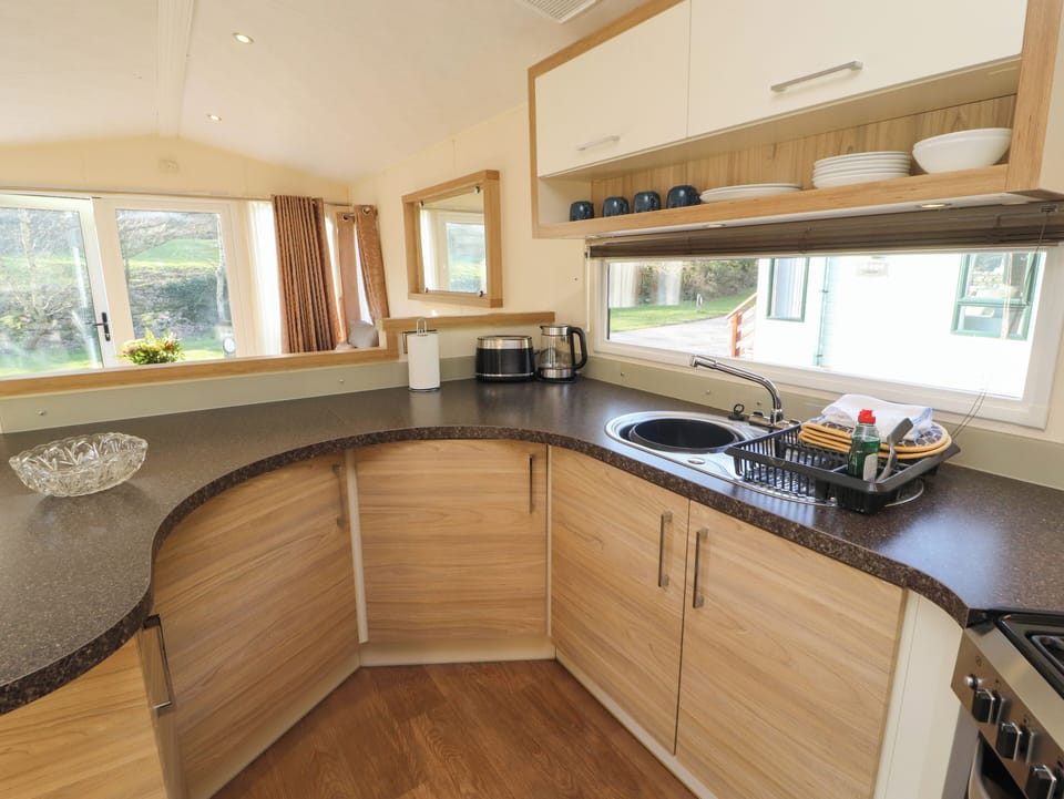 Fridge, microwave, toaster, cookware/dishes/utensils