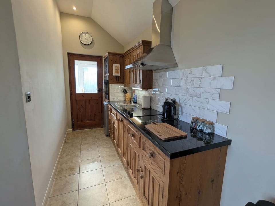Fridge, microwave, cookware/dishes/utensils