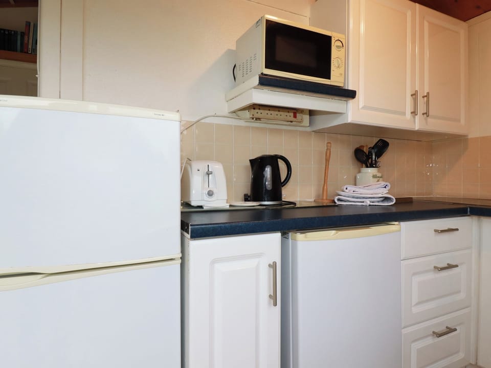 Fridge, electric kettle, cookware/dishes/utensils