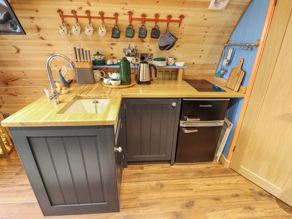 Fridge, electric kettle, toaster, cookware/dishes/utensils