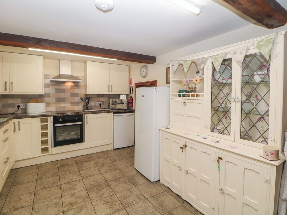 Fridge, microwave, electric kettle, toaster