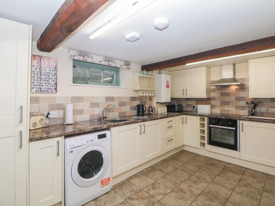 Fridge, microwave, electric kettle, toaster