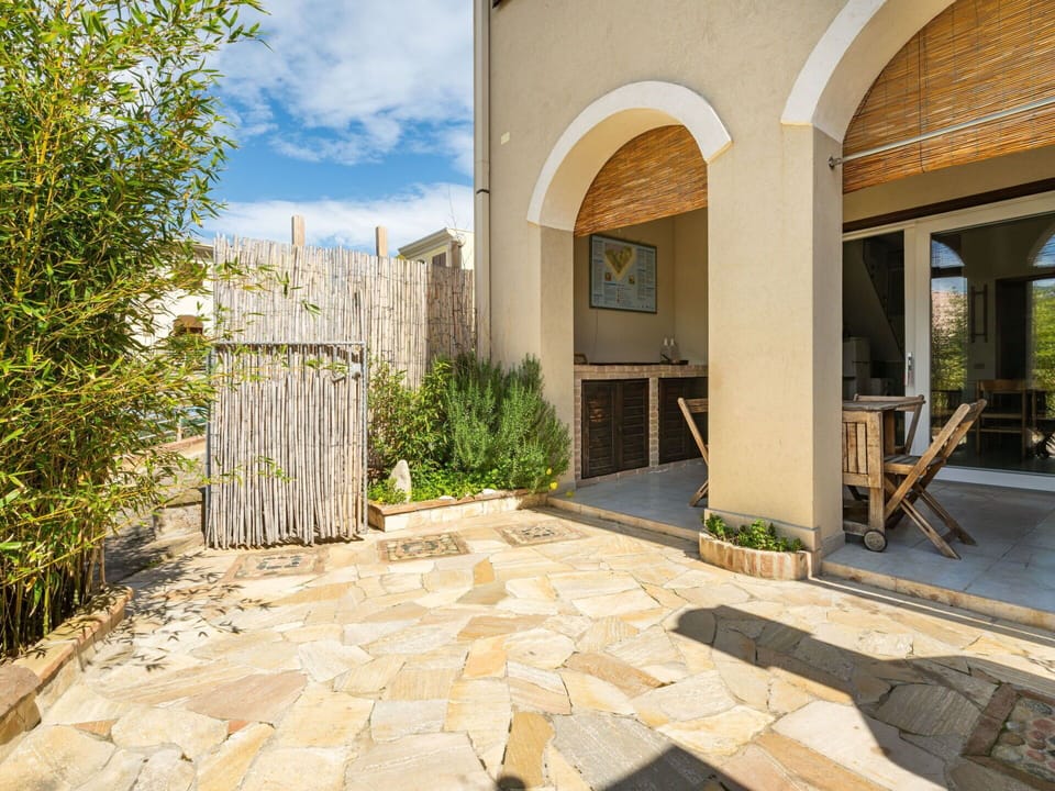 Flagstone, Door, Shade, Concrete, Backyard, Estate, Chair, Landscaping, Yard, Patio