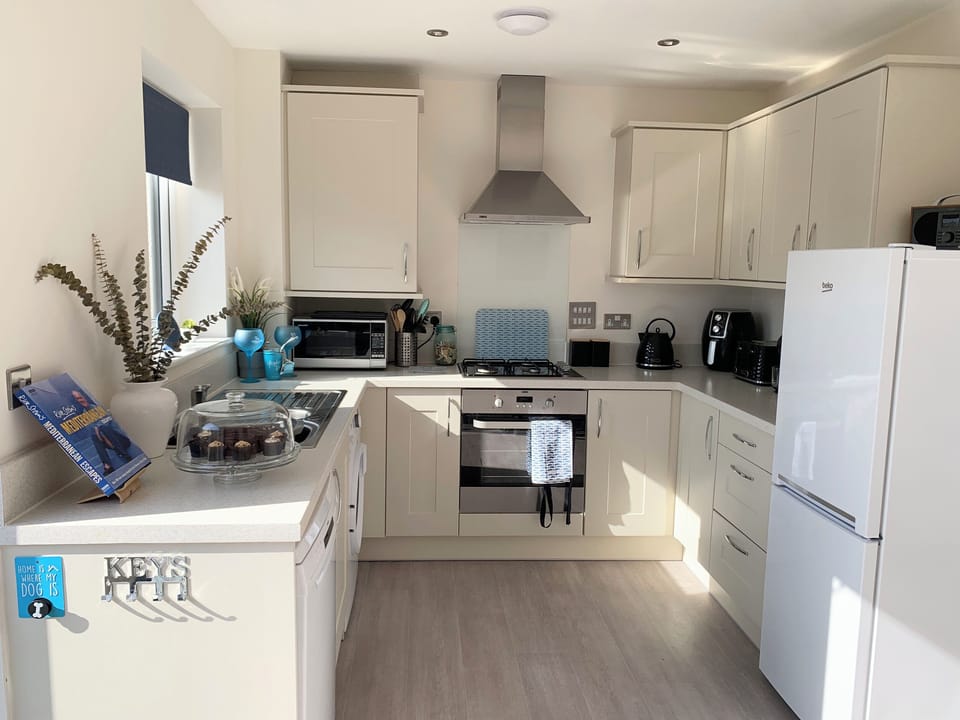 Fridge, dishwasher, electric kettle, cookware/dishes/utensils