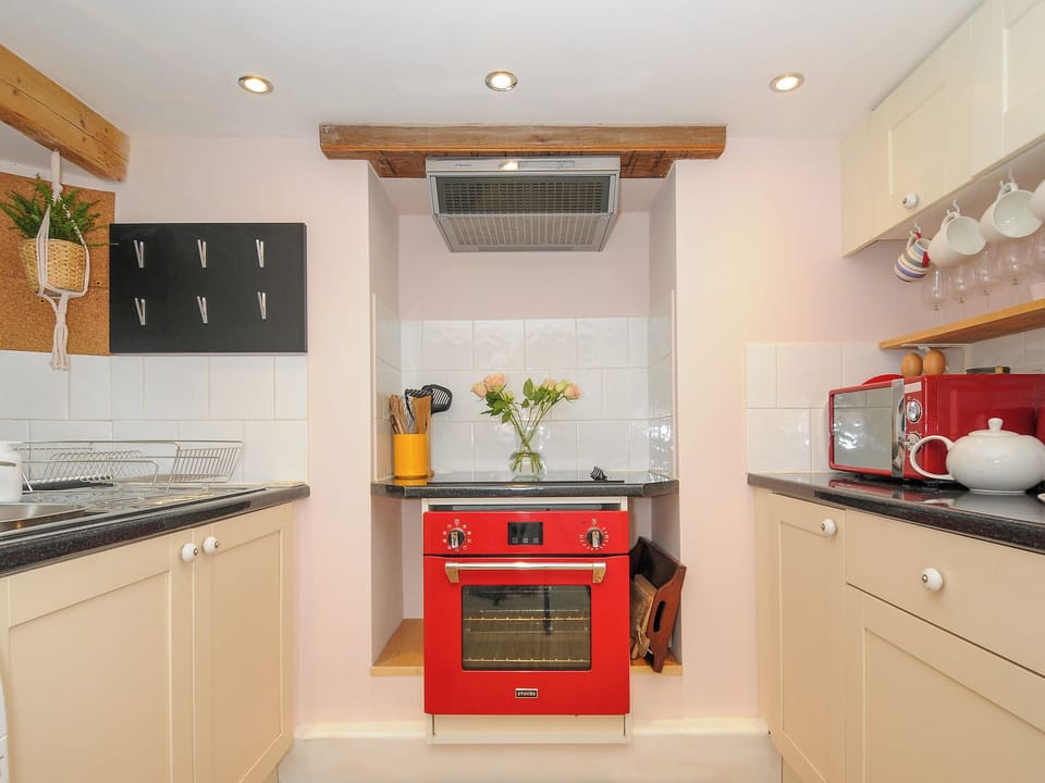 Fridge, electric kettle, toaster, cookware/dishes/utensils