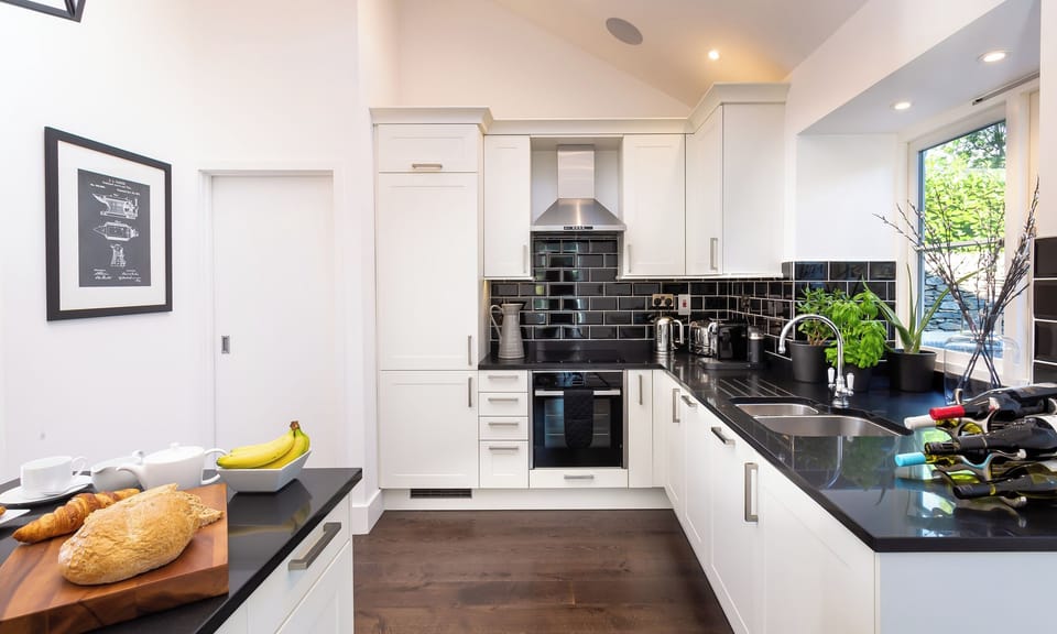 Fridge, dishwasher, electric kettle, toaster