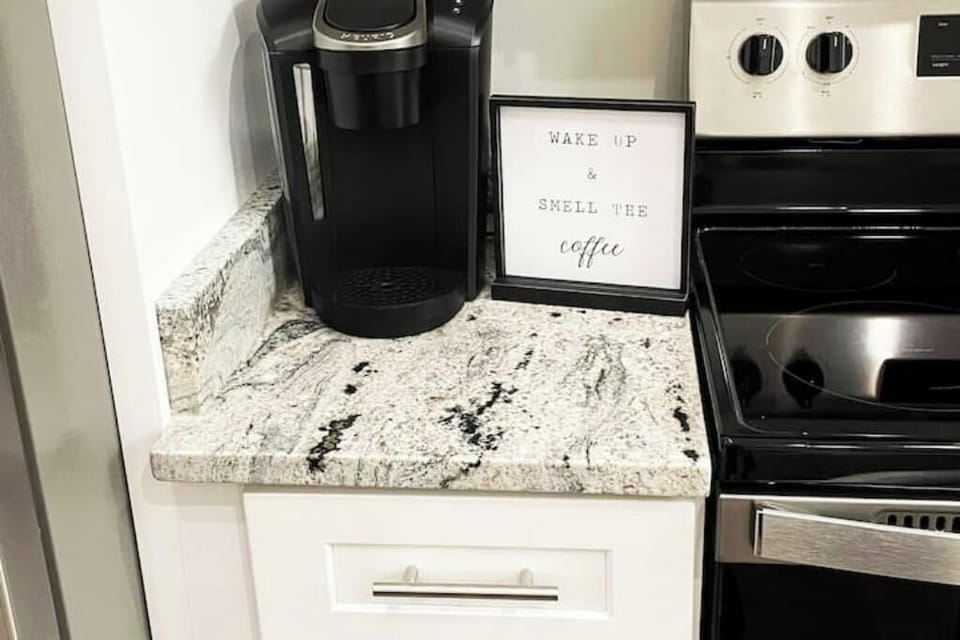 Keurig coffee maker and a variety of Kcups for your morning coffee. 