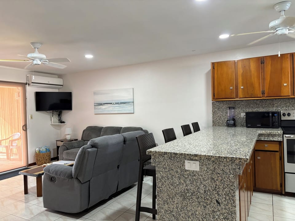 Kitchen, bar and living room with kitchen table