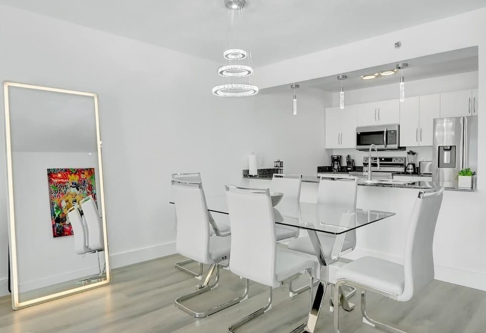Modern open concept living space featuring dining area