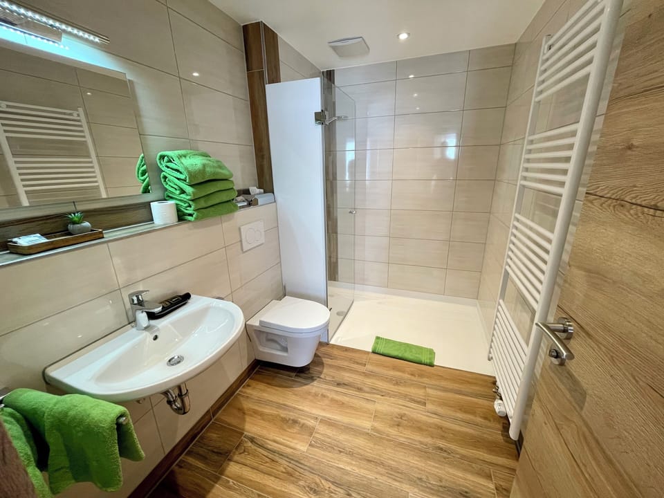 Shower, free toiletries, hair dryer, towels