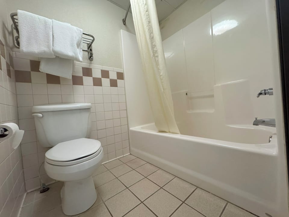 Combined shower/tub, hair dryer, towels, soap