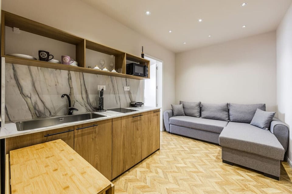 Living room and fully-equipped kitchen
