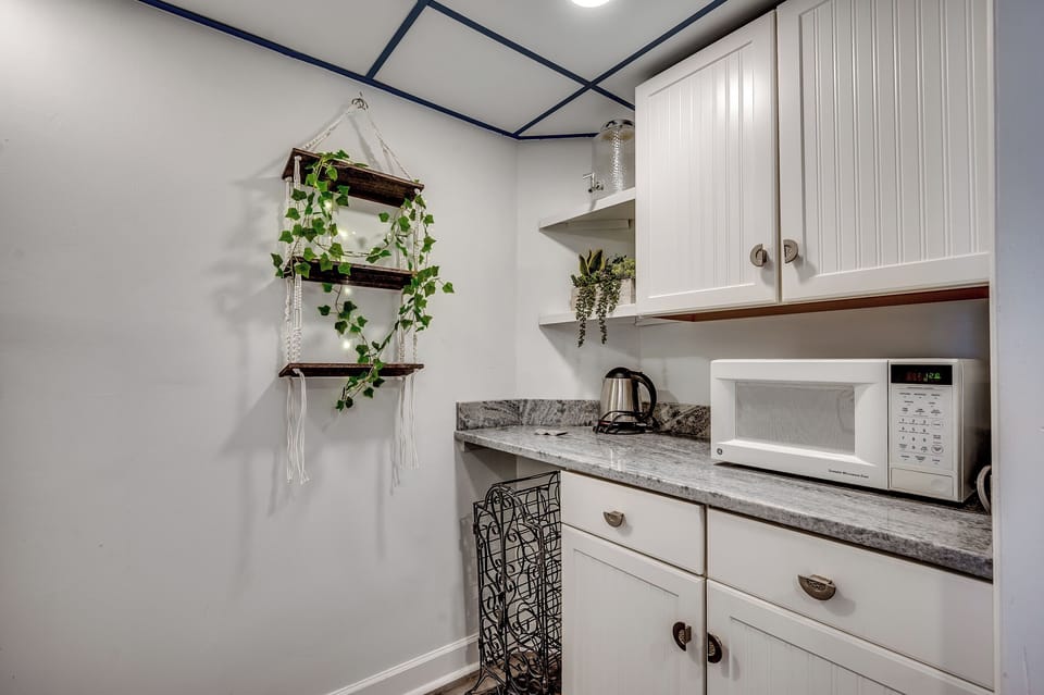 A charming kitchenette with modern appliances, stylish cabinetry.