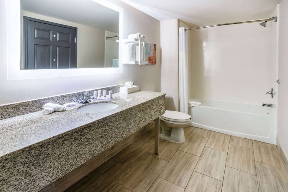 Combined shower/tub, free toiletries, hair dryer, towels