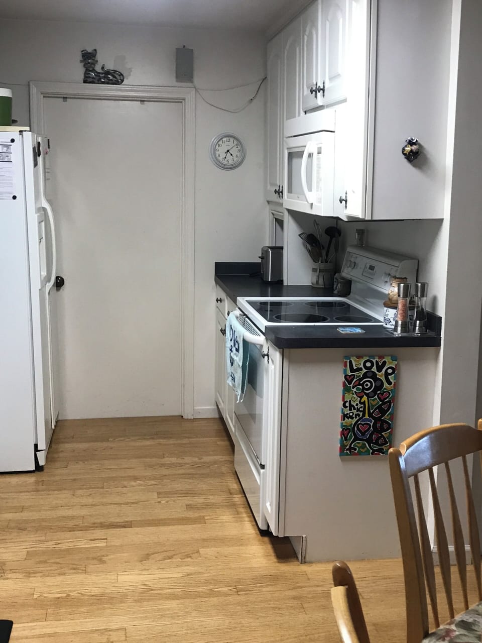 Washing machine & dryer through the back door of the kitchen ahead.