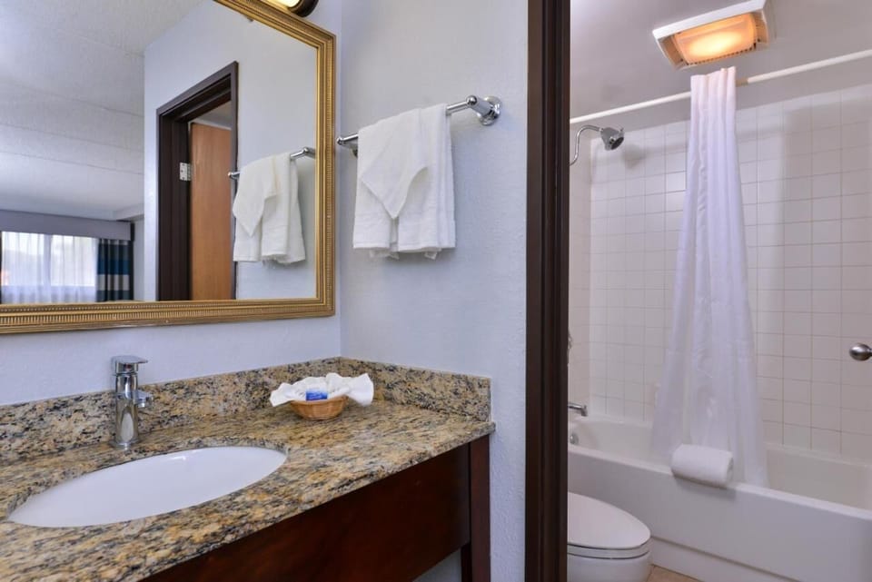 Refresh easily in a bright bath with granite vanity.