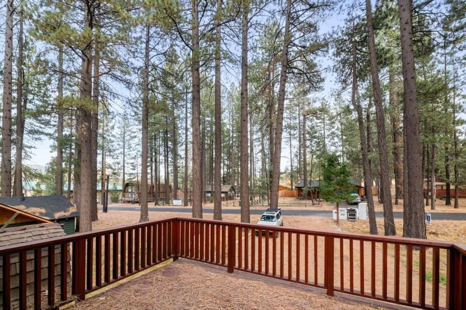 Embrace rustic elegance in our two-story cabin, surrounded by tall pines and serene nature.