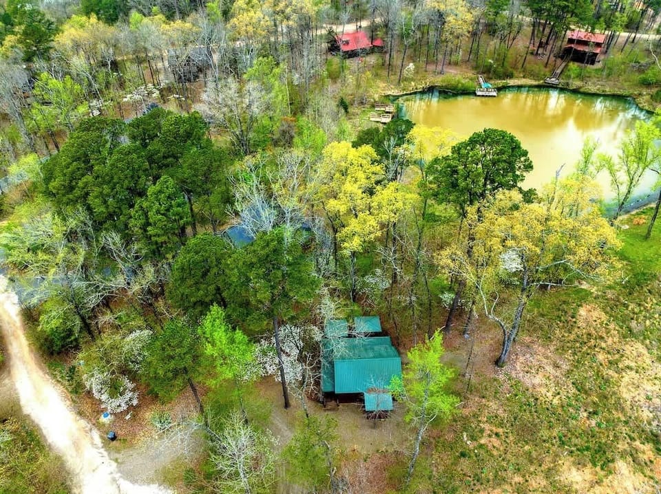 Starry Night Cabin sits on an acre lot just steps from a private pond.