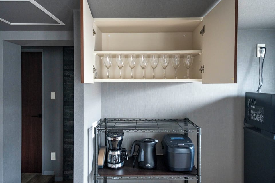 Fridge, microwave, electric kettle, toaster