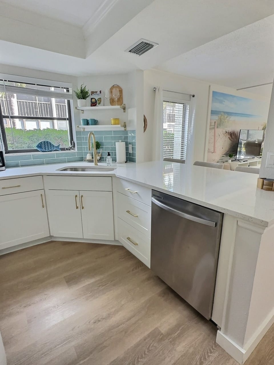 New quartz countertops and appliances.  Plenty of light and lots of storage.