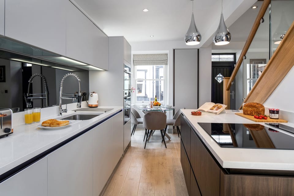 Fridge, dishwasher, electric kettle, toaster