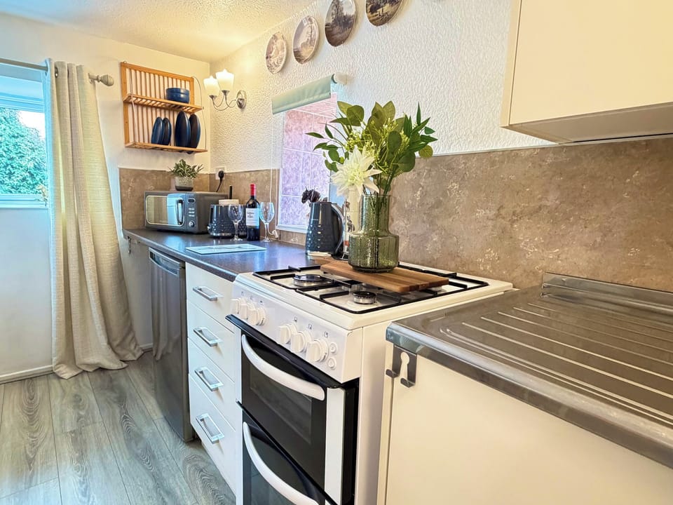 Fridge, microwave, toaster, cookware/dishes/utensils