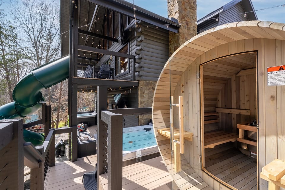 in a rush to get your steam on? slide down to the outdoor barrel sauna, don't forget your robe!