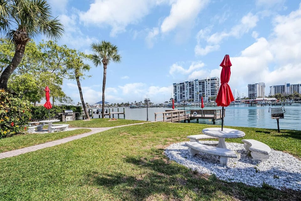 Waterfront lawn area perfect for relaxing and enjoying the view.