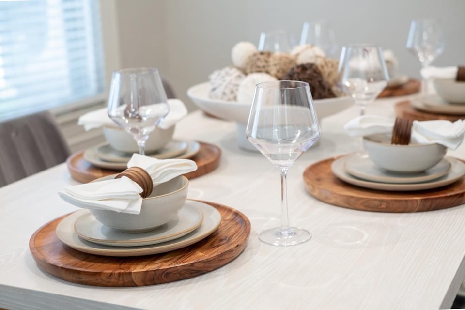 Plates, cups, and cookware available for home cooked family meals