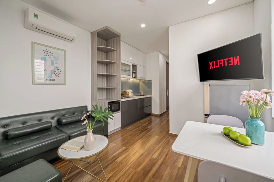 Apartment, 1 Bedroom, Balcony, City View | Private kitchen | Fridge, dining table