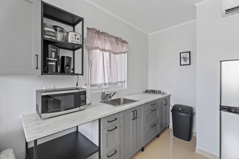 Compact kitchen with sleek cabinetry and appliances.


