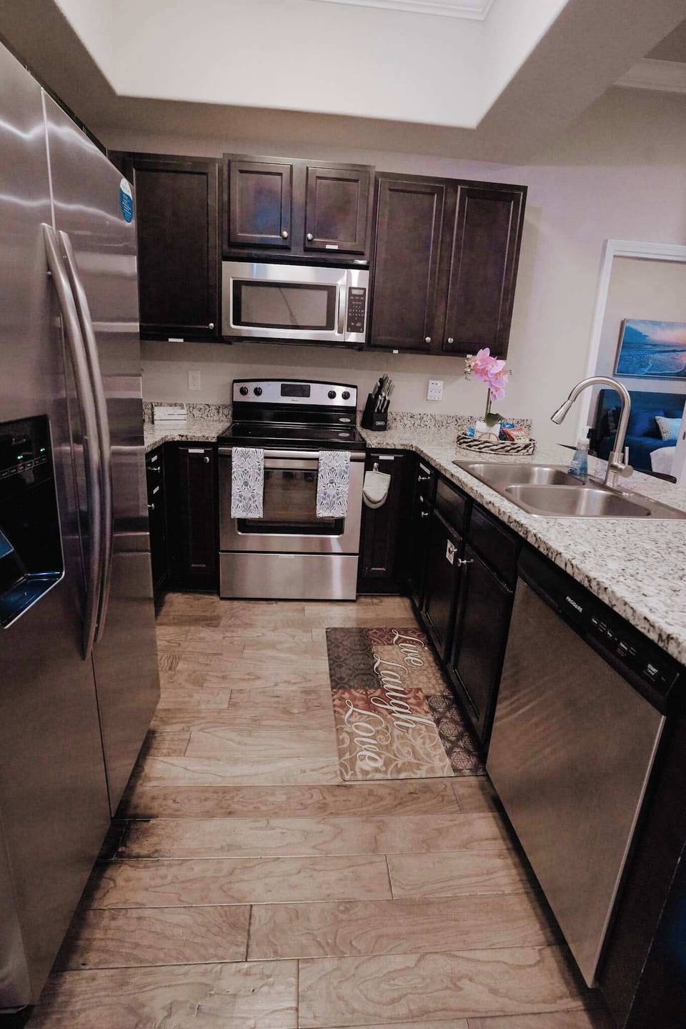 A double sink, microwave, dishwasher, and gadgets and gizmos you won't find in most rentals!