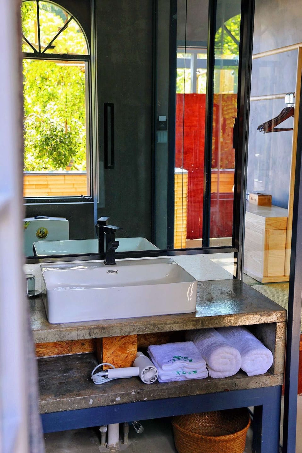 Hair dryer, slippers, towels, soap