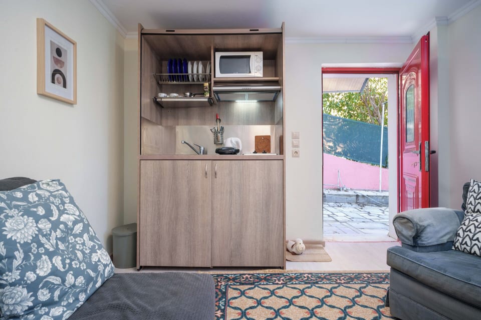 Living room with sofa bed and kitchenette