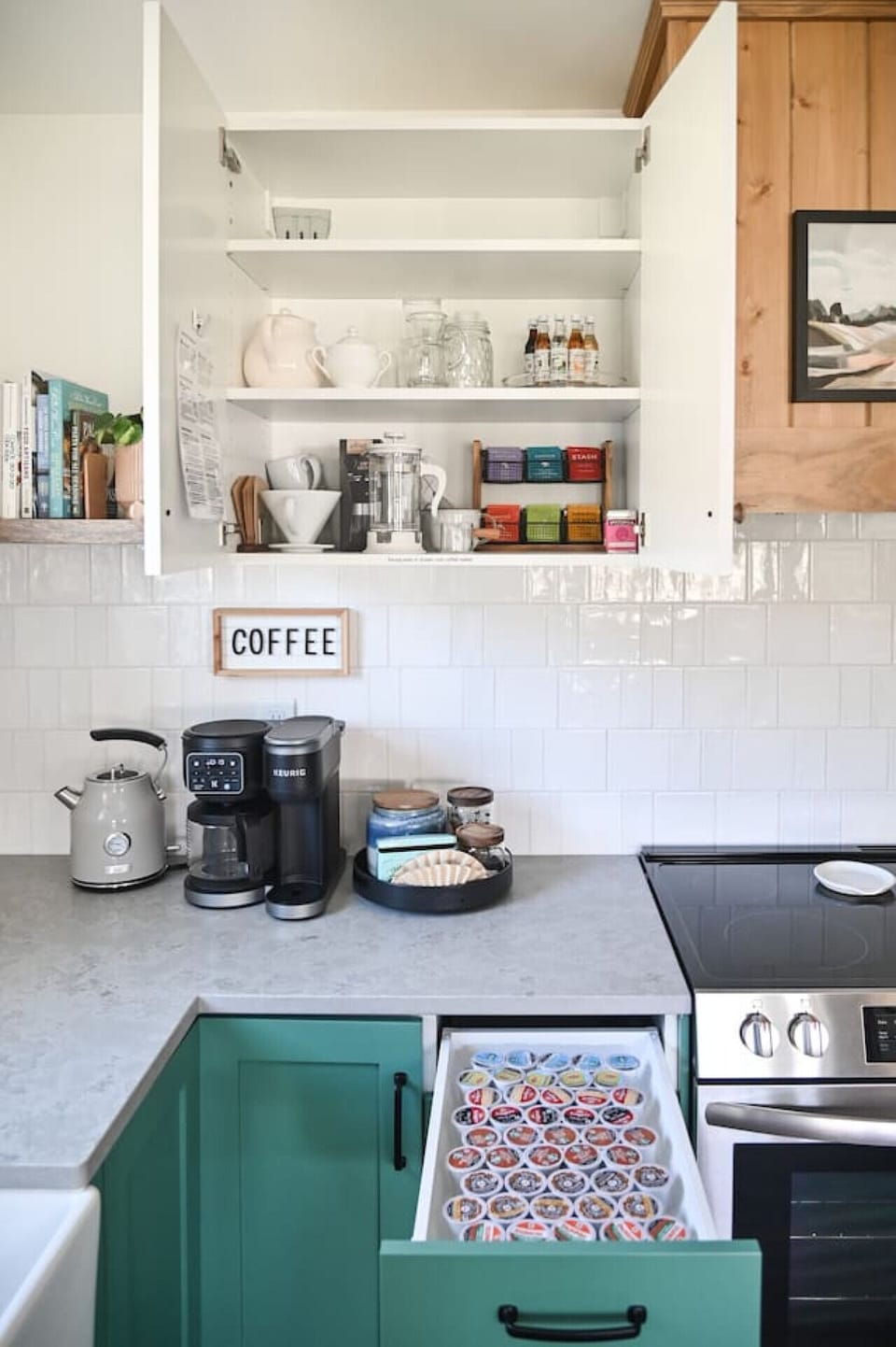 Coffee station includes Keurig carafe / K-pod duo, pods, filters, ground coffee, half & half, honey sticks and sugar cubes.  Also pour over, french press, coffee grinder and foam wand/pitcher.  Tea selection and electric kettle.