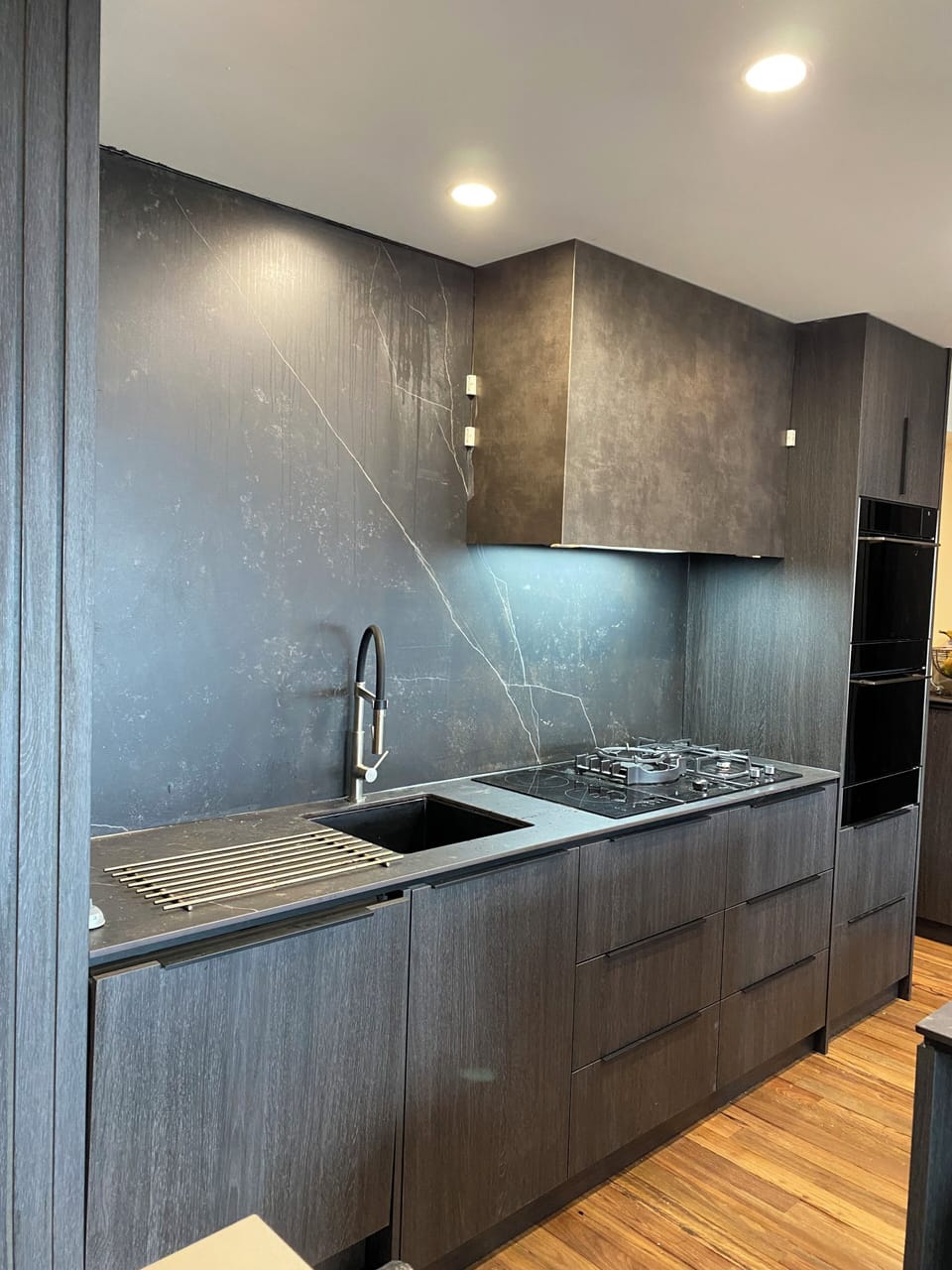 Kitchen Bench with Sink, Range Hood, Ovens x 2 & Warming Drawer
