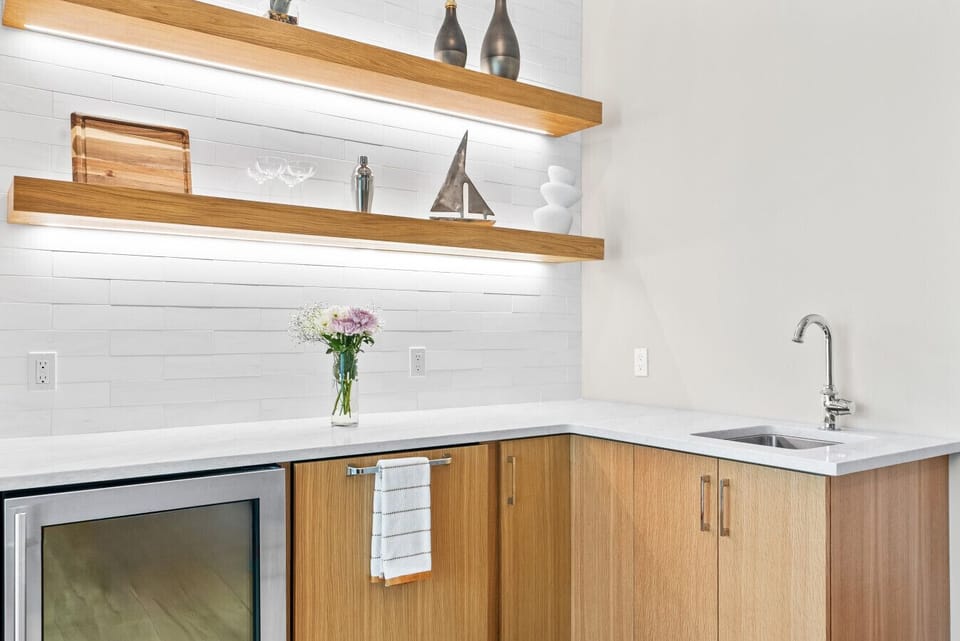 Wet bar with mini-fridge, dishwasher & sink