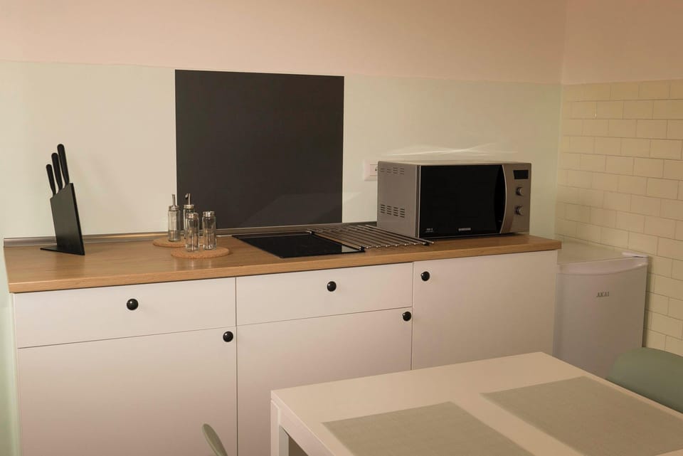Full-size fridge, microwave, stovetop, coffee/tea maker