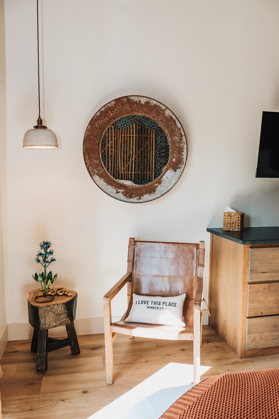 A welcome corner in the Lazy Spur suite — handcrafted Hill Country touches when your group books the entire Gaines Ranch on the Square property.