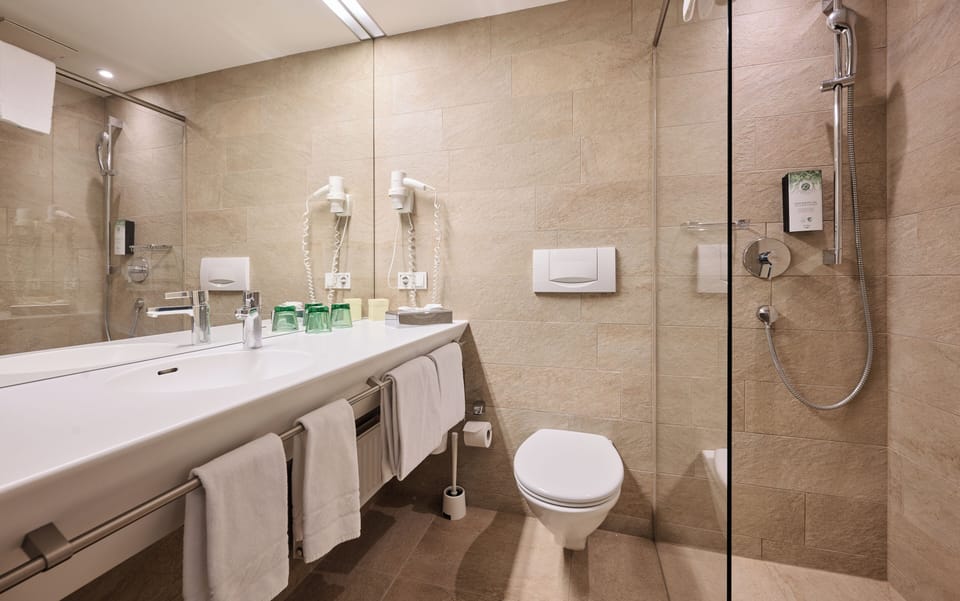 Shower, hair dryer, towels