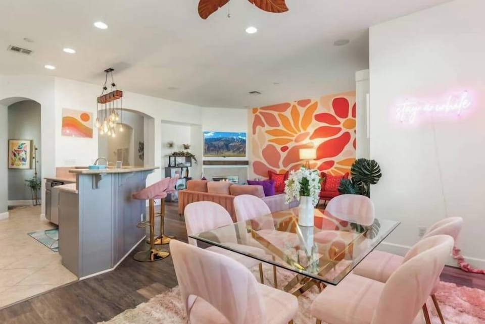 Artistic dining space with bold design and natural light.