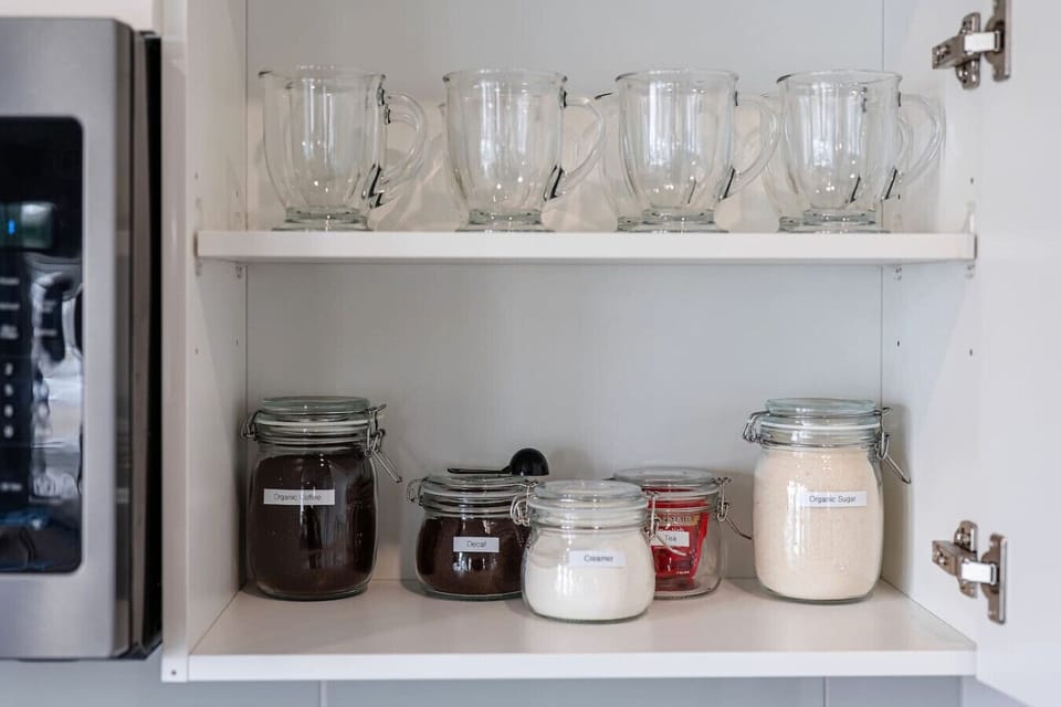 Coffee Station. Drip coffee maker, Kettle, Organic Coffee, Sugar and Creamer. Black Tea.